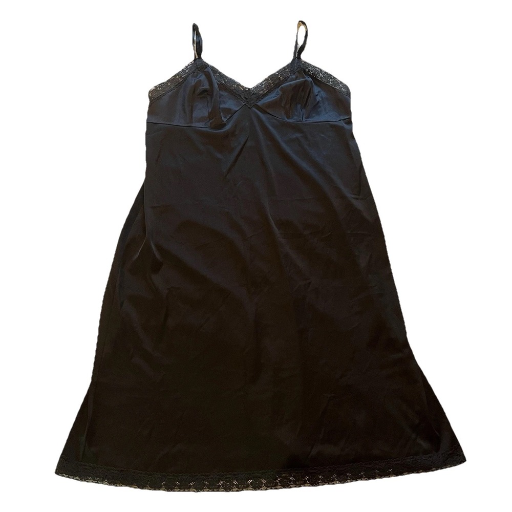 VTG Vanity Fair Black Satin Lace Slip Dress Women's 40 L‎ Sexy Coquette Witchy